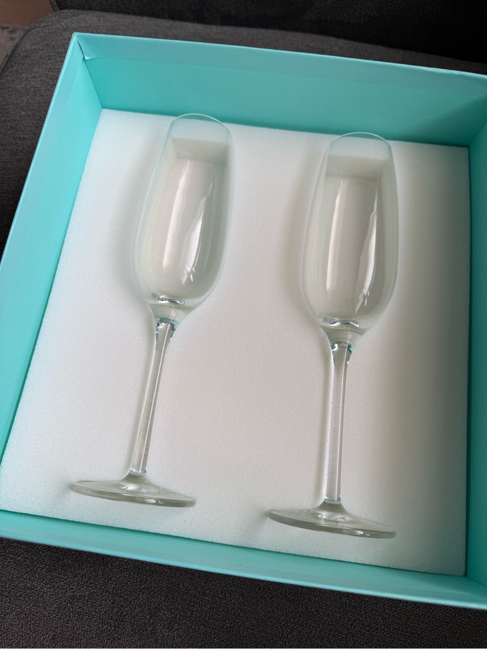 Tiffany & Co. Clear Champagne Flutes with Signature Blue Box